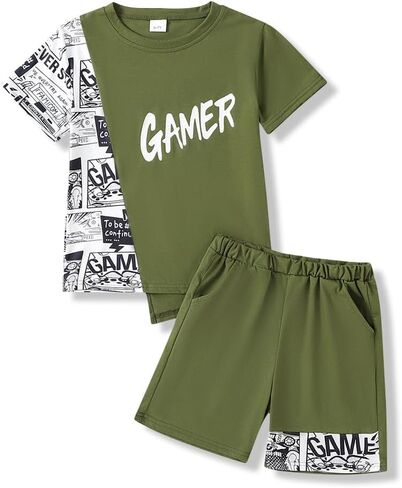 Boys 2 Piece Outfits Short Sleeve Colorblock T-shirt and Shorts Summer Casual Clothes for 6-12 Years in Saudi Arabia