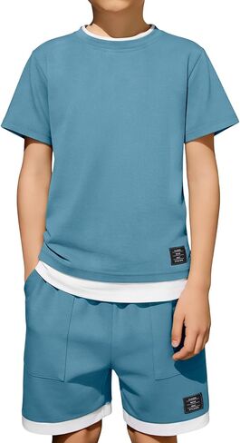 Kids Boys Summer 2 Pieces Set Soft Comfy Short Sleeve Shirts and Shorts Sets for 4-12 Years in Saudi Arabia