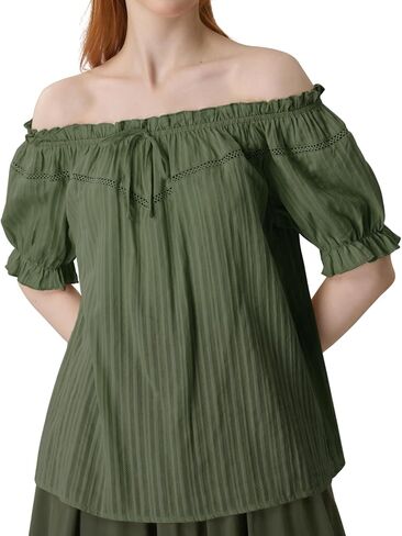 YESSA المرأة قميص عصر النهضة قبالة الكتف البلوزات الفلاحين للنساء نفخة الأكمام فضفاضة تناسب الصيف بلايز بوهو in Kuwait