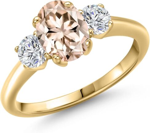 جوهرة الميلاد من الأحجار الكريمة وخاتم الخطوبة المكون من 3 أحجار من الماس الأبيض من Lab Grown Diamond للنساء | فضة مطلية بالذهب الأصفر عيار 18 قيراط | بيضاوية 8 × 6 مم ودائرية 4 مم | ثلاثة حجر خاتم وعد الذكرى السنوية للزفاف in Kuwait