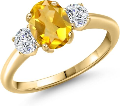 جوهرة الميلاد من الأحجار الكريمة وخاتم الخطوبة المكون من 3 أحجار من الماس الأبيض من Lab Grown Diamond للنساء | فضة مطلية بالذهب الأصفر عيار 18 قيراط | بيضاوية 8 × 6 مم ودائرية 4 مم | ثلاثة حجر خاتم وعد الذكرى السنوية للزفاف in Kuwait