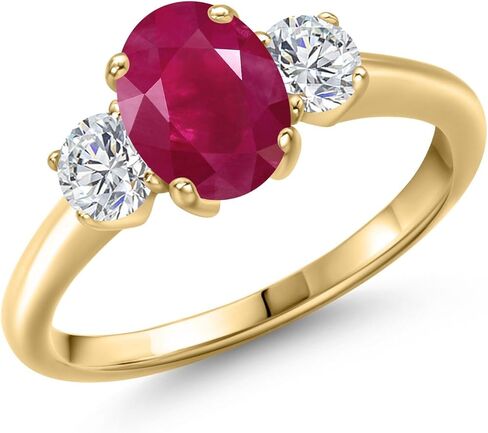 جوهرة الميلاد من الأحجار الكريمة وخاتم الخطوبة المكون من 3 أحجار من الماس الأبيض من Lab Grown Diamond للنساء | فضة مطلية بالذهب الأصفر عيار 18 قيراط | بيضاوية 8 × 6 مم ودائرية 4 مم | ثلاثة حجر خاتم وعد الذكرى السنوية للزفاف in Kuwait