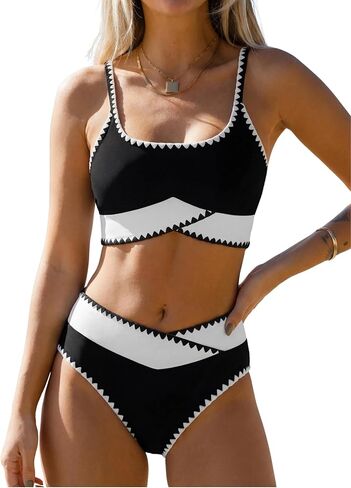 popvil Women's High Waisted Bikini Sets Black Two Piece Swimsuit Sporty Adjustable Straps V Cut Bathing Suit in Saudi Arabia