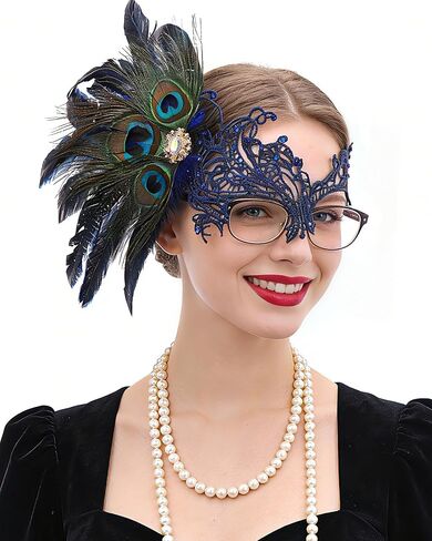 Feather Masquerade Mask for Glasses, 2026 Peacock Feather Eyemask for Women Lady Couples Halloween Renaissance in Saudi Arabia