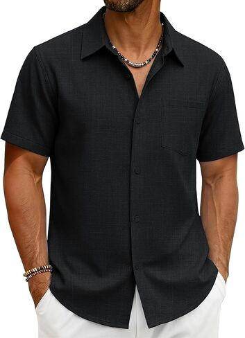 Cotrasen Men's Linen Shirts Short Sleeve Button Down Shirts Casual Vacation Beach Hawaiian Summer Tops with Pocket in Saudi Arabia