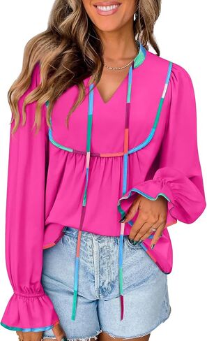 ملابس علوية نسائية أنيقة ملابس علوية غير رسمية على شكل دمية طفل نفخة كم طويل مطوي رقبة على شكل V بلوزة تونيك للخريف بلوزة لطيفة بربطة أمامية XL أحمر وردي in Kuwait