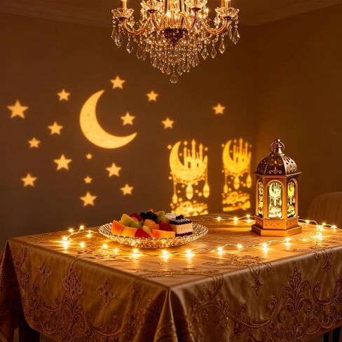 قطعتان من أضواء فانوس رمضان LED بتصميم قلعة القمر الذهبي والنيزك لهدايا عيد مبارك وديكورات المنزل وجدار الطاولة والقطع المركزية للعيد (ذهبي) in Kuwait