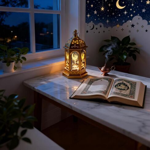 قطعتان من أضواء فانوس رمضان LED بتصميم قلعة القمر الذهبي والنيزك لهدايا عيد مبارك وديكورات المنزل وجدار الطاولة والقطع المركزية للعيد (ذهبي) in Kuwait