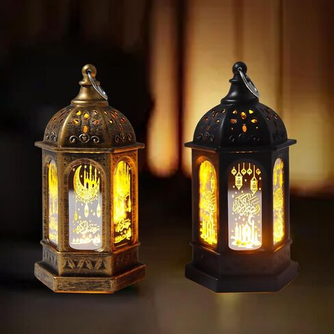 قطعتان من أضواء فانوس رمضان LED بتصميم قلعة القمر الذهبي والنيزك لهدايا عيد مبارك وديكورات المنزل وجدار الطاولة والقطع المركزية للعيد (ذهبي) in Kuwait