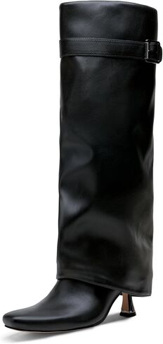 Vepose Knee High Tall Long Boots for Women, Square Toe Fold Over Fashion Cute Kitten Heel Faux Leather 9527 Boots with Buckle Inside Zipper in Saudi Arabia