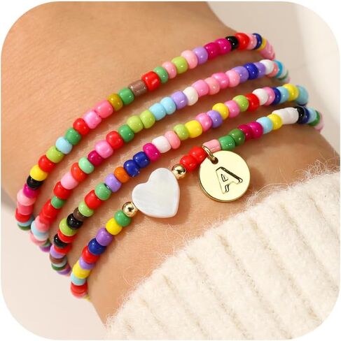 M MOOHAM Easter Gifts for Kids Girl - Beaded Initial Bracelets for Women Girls, 4PCS Colorful Beaded Bracelet Heart Initial Bracelet for Women Layered Bracelets Jewelry Birthday Gifts in Saudi Arabia