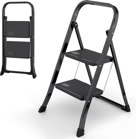 سلم من 3 خطوات مع منصة واسعة مضادة للانزلاق وأقدام مطاطية سميكة | شديدة التحمل قابلة للطي والمحمولة | سعة 330 رطل، إطار فولاذي، مقبض مطاطي، مقعد قابل للطي in Kuwait