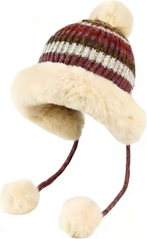 Winter Hats for Men and Women Knit Beanie Soft Warm Fleece Lined Long Ear Straps Snow Ski Cap with 3 Pompom in Saudi Arabia