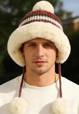 Winter Hats for Men and Women Knit Beanie Soft Warm Fleece Lined Long Ear Straps Snow Ski Cap with 3 Pompom in Saudi Arabia
