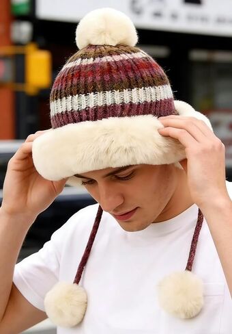 Winter Hats for Men and Women Knit Beanie Soft Warm Fleece Lined Long Ear Straps Snow Ski Cap with 3 Pompom in Saudi Arabia
