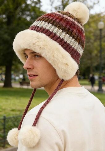 Winter Hats for Men and Women Knit Beanie Soft Warm Fleece Lined Long Ear Straps Snow Ski Cap with 3 Pompom in Saudi Arabia