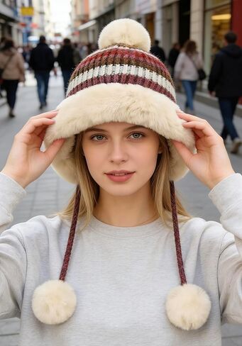 Winter Hats for Men and Women Knit Beanie Soft Warm Fleece Lined Long Ear Straps Snow Ski Cap with 3 Pompom in Saudi Arabia