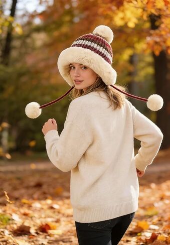 Winter Hats for Men and Women Knit Beanie Soft Warm Fleece Lined Long Ear Straps Snow Ski Cap with 3 Pompom in Saudi Arabia