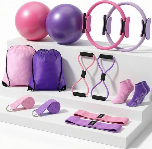 مجموعة حلقة وكرة بيلاتيس للنساء، كرة يوجا دائرية دائرية مع حزام مطاطي، 8 أربطة مقاومة، جوارب غير قابلة للانزلاق، حقائب ظهر لصالة الألعاب الرياضية، معدات تمرين للتمرين المنزلي in Kuwait