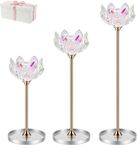 Dounx Crystal Tea Light Candle Holder Set of 2, Colorful Lotus Tea Light Candle Holder, Small Candle Holder for Pillar Candles, Clear Glass Base, Fancy Crystal Ball, Use for Table Centerpieces Décor in Saudi Arabia