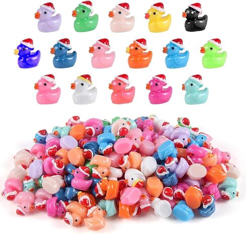 150Pcs Christmas Mini Resin Ducks Luminous Miniature Xmas Hat Animals Glow in The Dark Bulk for Micro Fairy Garden Dollhouse Decor Small Party DIY Slime Kit Prank Game Tiny Figure in Kuwait