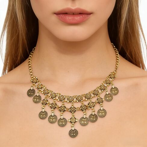 بوهو عملة سحر قلادة للنساء الطبقات عملة ذهبية مطرز قلادة قلادة القراصنة قلادة عملات مكتنزة شرابة العرقية الغجر زي الملحقات in Kuwait