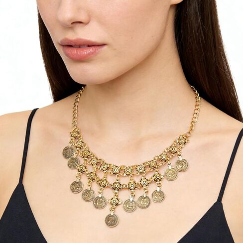 بوهو عملة سحر قلادة للنساء الطبقات عملة ذهبية مطرز قلادة قلادة القراصنة قلادة عملات مكتنزة شرابة العرقية الغجر زي الملحقات in Kuwait