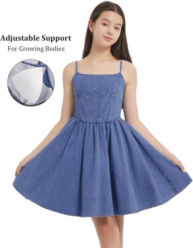 EXARUS Girls Denim Dress Spaghetti Strap/Strapless Sleeveless Jean Dresses Mini Teen Casual Spring Summer Party 8-14Y in Saudi Arabia
