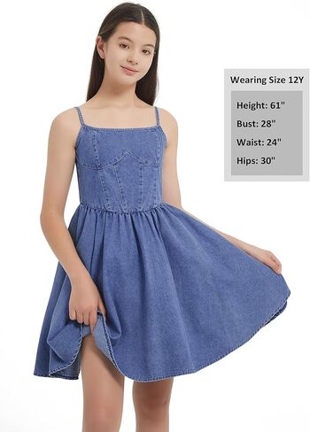 EXARUS Girls Denim Dress Spaghetti Strap/Strapless Sleeveless Jean Dresses Mini Teen Casual Spring Summer Party 8-14Y in Saudi Arabia