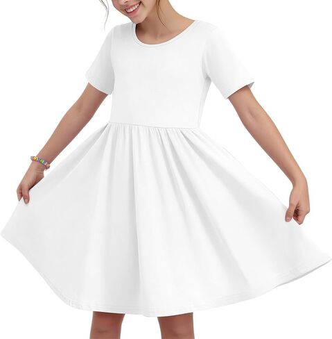 فستان صيفي للفتيات بأكمام قصيرة للأطفال الصغار فستان تي شيرت على شكل حرف A للمدرسة فستان كاجوال مع جيوب in Kuwait