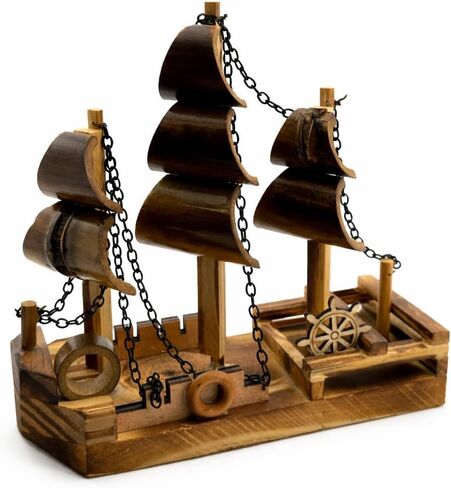 Handcrafted Wooden Sailing Ship Model – Rustic Nautical Decor Boat Figurine with Chains & Sails – Tabletop Decorative Ship for Home, Office, or Gift – 7 x 2.5 x 7 in in Saudi Arabia