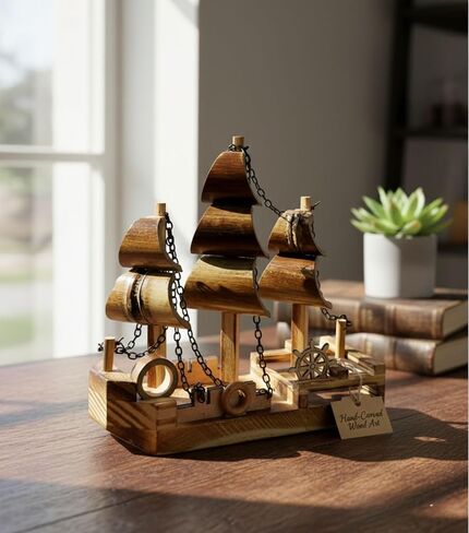 Handcrafted Wooden Sailing Ship Model – Rustic Nautical Decor Boat Figurine with Chains & Sails – Tabletop Decorative Ship for Home, Office, or Gift – 7 x 2.5 x 7 in in Saudi Arabia