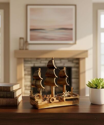 Handcrafted Wooden Sailing Ship Model – Rustic Nautical Decor Boat Figurine with Chains & Sails – Tabletop Decorative Ship for Home, Office, or Gift – 7 x 2.5 x 7 in in Saudi Arabia