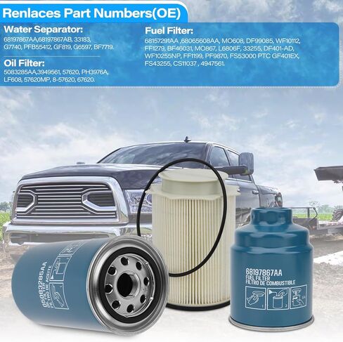طقم فلتر رام 6.7 لتر الكمون يناسب 2013-2018 | | يستبدل 68197867AA 68157291AA 5083285AA، فلتر الزيت/الوقود من فئة OEM وفاصل الوقود/الماء. in Kuwait