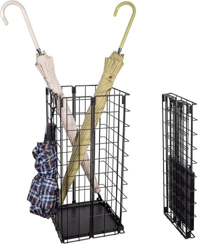 حامل مظلة، حامل مظلة للمدخل، منظم رف مظلة معدني كبير قابل للطي قائم بذاته، مع صينية مياه وخطافات، رف مجوف مستطيل 9.5 × 9.5 × 19.7 بوصة (أسود) in Kuwait