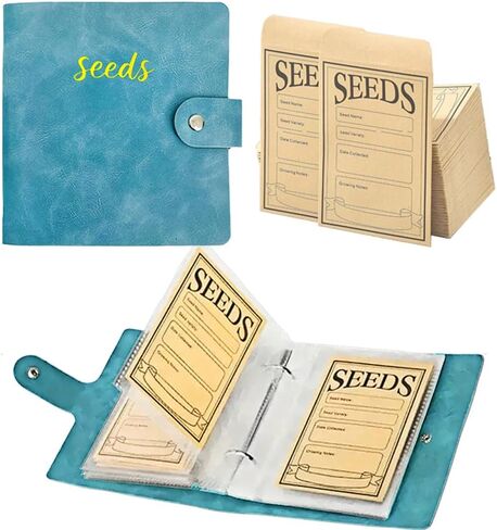 غلاف منظم لتخزين البذور، منظم حزم بذور البولي يوريثان مع 50 جيبًا شفافًا (25 حزمة من غلاف الملاءة) و50 مغلفًا للبذور، كتاب حامل بذور الحديقة، حافظة بذور نبات الزهرة الزرقاء in Kuwait