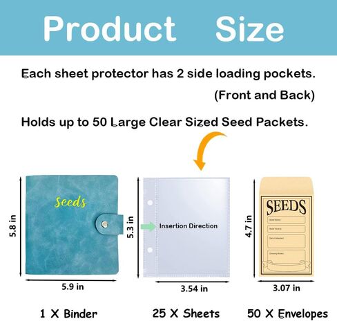 غلاف منظم لتخزين البذور، منظم حزم بذور البولي يوريثان مع 50 جيبًا شفافًا (25 حزمة من غلاف الملاءة) و50 مغلفًا للبذور، كتاب حامل بذور الحديقة، حافظة بذور نبات الزهرة الزرقاء in Kuwait