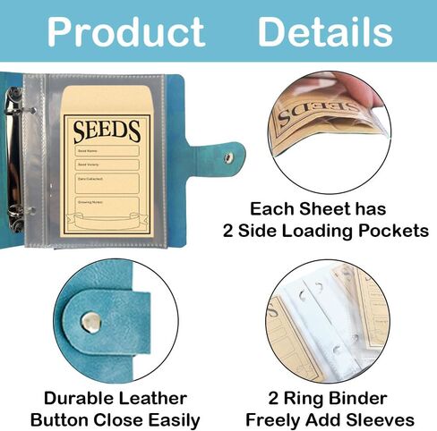غلاف منظم لتخزين البذور، منظم حزم بذور البولي يوريثان مع 50 جيبًا شفافًا (25 حزمة من غلاف الملاءة) و50 مغلفًا للبذور، كتاب حامل بذور الحديقة، حافظة بذور نبات الزهرة الزرقاء in Kuwait