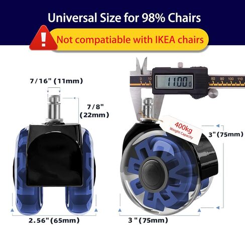 Hirate Office Chair Caster Wheels Heavy Duty(Set of 5), 3" Dual Ball Roller Furniture Chair Casters Replacement Mute Rolling for Hardwood Floors & Carpet Universal Fit 7/16" x 7/8", Blue in Kuwait