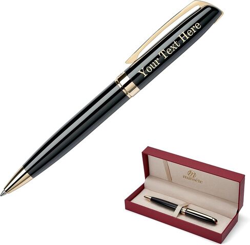 Massete Linea Executive Modern Luxury Ballpoint Pen, Glossy Black with 23K Gold Plated Trim, Twist to Open Engravable Presented in Gift Box Extra Refill Included Medium Tip Black Ink - Custom Engraved in Kuwait