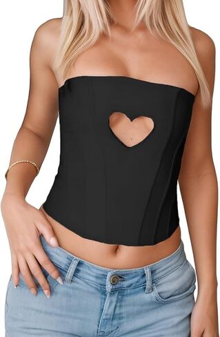 Women Sexy Heart Cut Out Strapless Corset Lace Up Bustier Tops Backless Zipper Cropped Tube Top in Kuwait