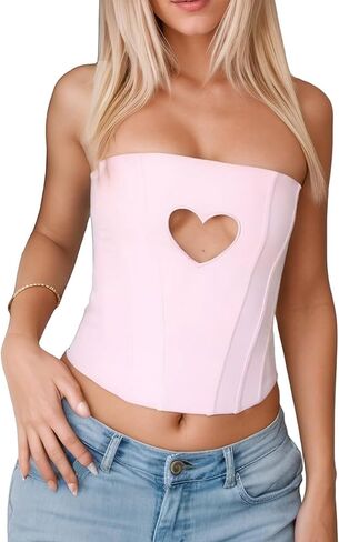 Women Sexy Heart Cut Out Strapless Corset Lace Up Bustier Tops Backless Zipper Cropped Tube Top in Kuwait