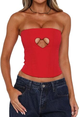 Women Sexy Heart Cut Out Strapless Corset Lace Up Bustier Tops Backless Zipper Cropped Tube Top in Kuwait