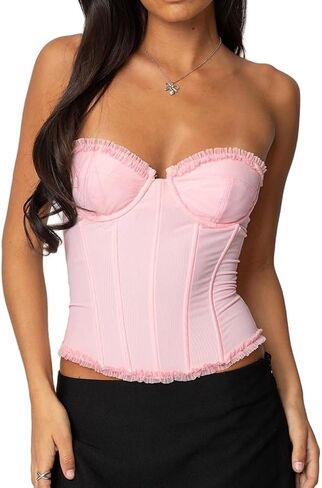 Women Sexy Heart Cut Out Strapless Corset Lace Up Bustier Tops Backless Zipper Cropped Tube Top in Kuwait