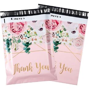 RUSPEPA Poly Mailers Shipping Bags Thank You Notes Flowers Surrounded 3 Mil Heavy Duty Self Seal Mailing Envelopes - Pink, 12 x 15.5 inches, 50 Pack