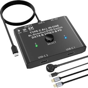 USB C Switch 2 in 1 Out or 1 in 2 Out, Type-C Bidirectional Switcher Used for 2 Laptops with USB C Port, Supports 4K@120Hz 8K@60Hz Video / 10Gbps Data Transfer
