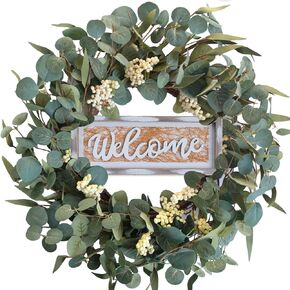 CIR OASES Spring Wreath for Front Door, 18 inch Artificial Berries and Leaves Wreath with Welcome Sign, Spring/Summer Greenery Wreath for Front Door Wall Window Festival Decor
