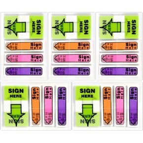 500pcs/5 Pack Sign Here Tabs Post It Flags, Fluorescent Sign Here Arrow Stickers/Labels with Dispenser Sticky Note Signature Flag Page Index Markers Supplies for Office School Notary Books Notebook