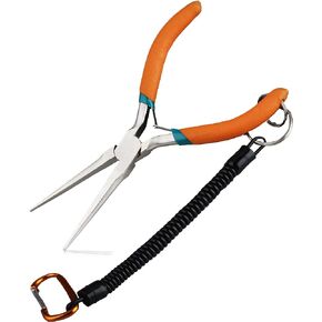 Long Needle Nose Pliers 7 Inches Extra Long Reach Bent Needle Nose Pliers with Serrated Jaw Lanyard Curved Handle Jewelry Pliers For Jewelry Making, Bending Wire and Small Object Gripping