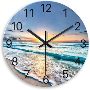 Analog Round Wall Clock for Living Room Decor - Glass Blue Wall Clock Silent Non-Ticking- Coastal Wall Clock Battery Operated 14 Inch